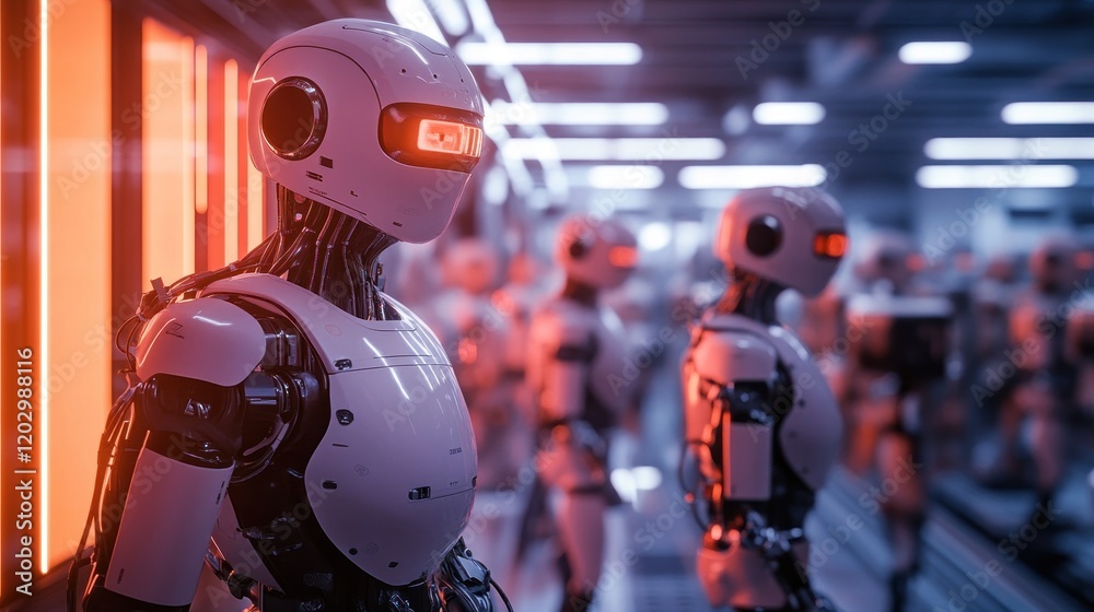 Advanced Robots Line Up In Futuristic Factory Setting Advanced Robots Line Up In Futuristic Factory Setting