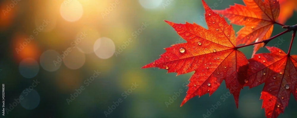 Fototapeta premium Water droplets on glass with vibrant autumn leaves, colors, orange