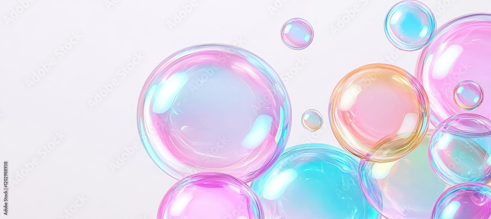 Colorful soap bubbles with glowing, iridescent finish floating on white background Colorful soap bubbles with glowing, iridescent finish floating on white background