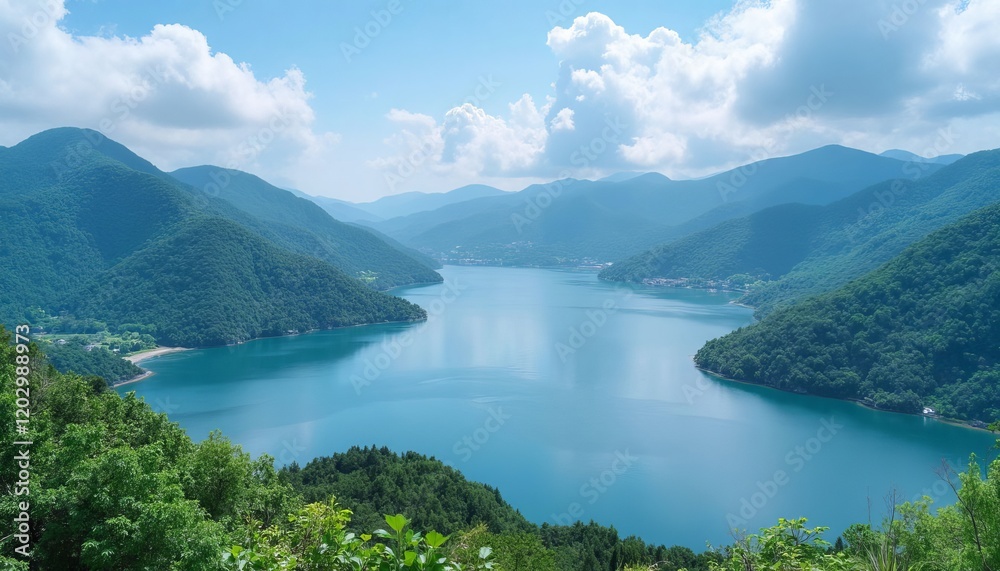 Mountain lake and tree-covered hills under blue sky with clouds Mountain lake and tree-covered hills under blue sky with clouds