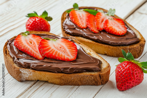 Two slices of bread covered with chocolate hazelnut spread and topped with fresh strawberries, creating a sweet and tempting treat photo