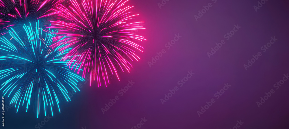 Vibrant fireworks in neon inspired gradients illuminate night sky with pink and blue hues