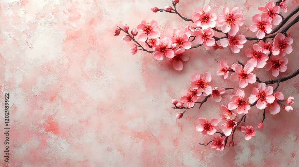 Obraz premium Pink cherry blossoms branch on pink textured background, spring floral design, website header