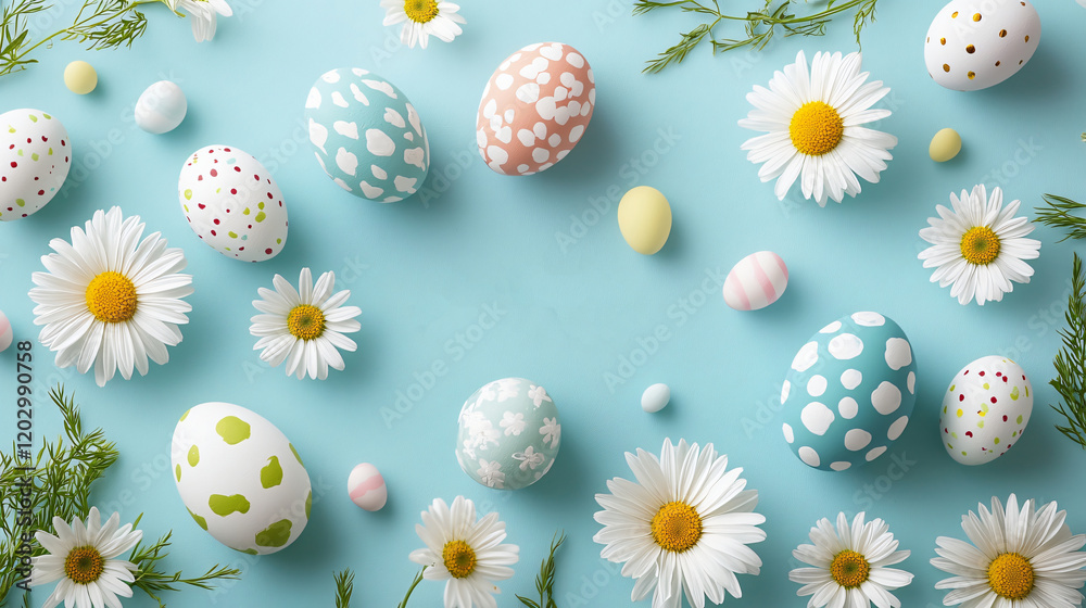 Happy Easter pastel background , surrounded by painted eggs and fresh daisies, Generative ai