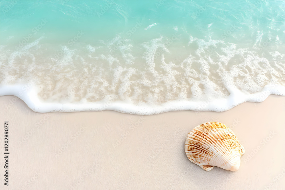 Seashell on Sandy Beach with Ocean Wave Illustration Seashell on Sandy Beach with Ocean Wave Illustration