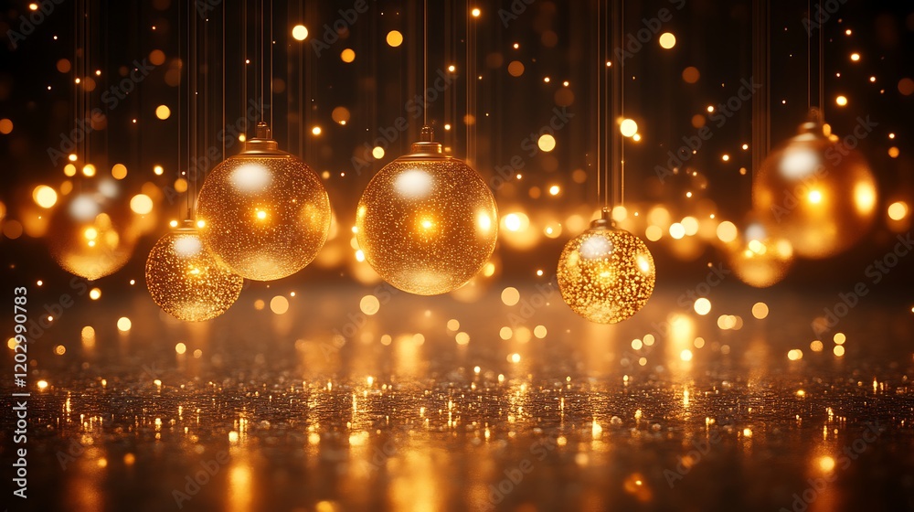 Obraz premium Golden Christmas Ornaments Hanging With Sparkling Lights