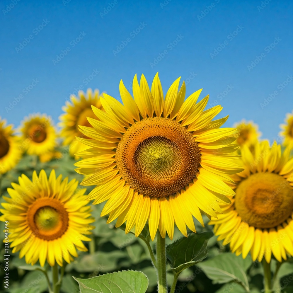 A vibrant sunflower in full bloom with bright yellow petals and a detailed brown center against a clear blue sky. Other sunflowers are blurred in the background. A vibrant sunflower in full bloom with bright yellow petals and a detailed brown center against a clear blue sky. Other sunflowers are blurred in the background.