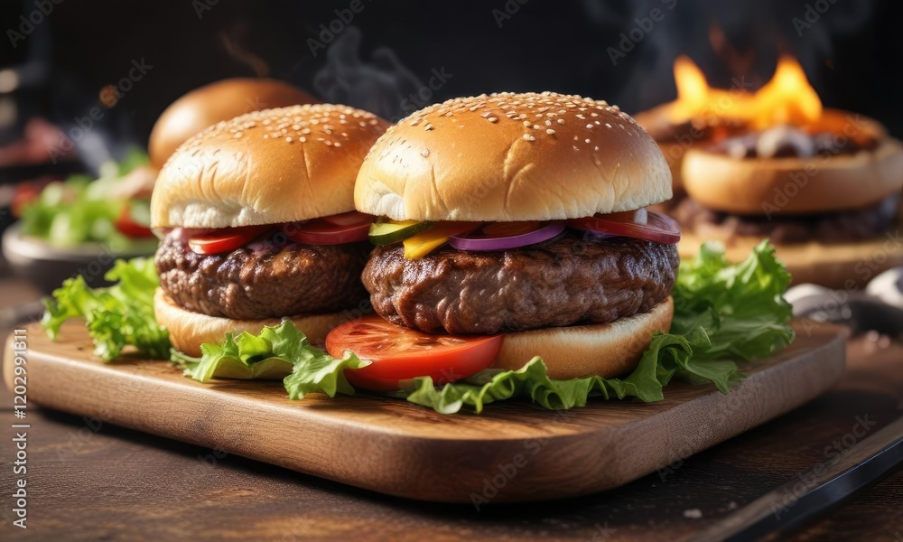 Beef burger on a barbecue flame grill with a side salad and a warm bread roll , salad, fast food, culinary arts Beef burger on a barbecue flame grill with a side salad and a warm bread roll , salad, fast food, culinary arts