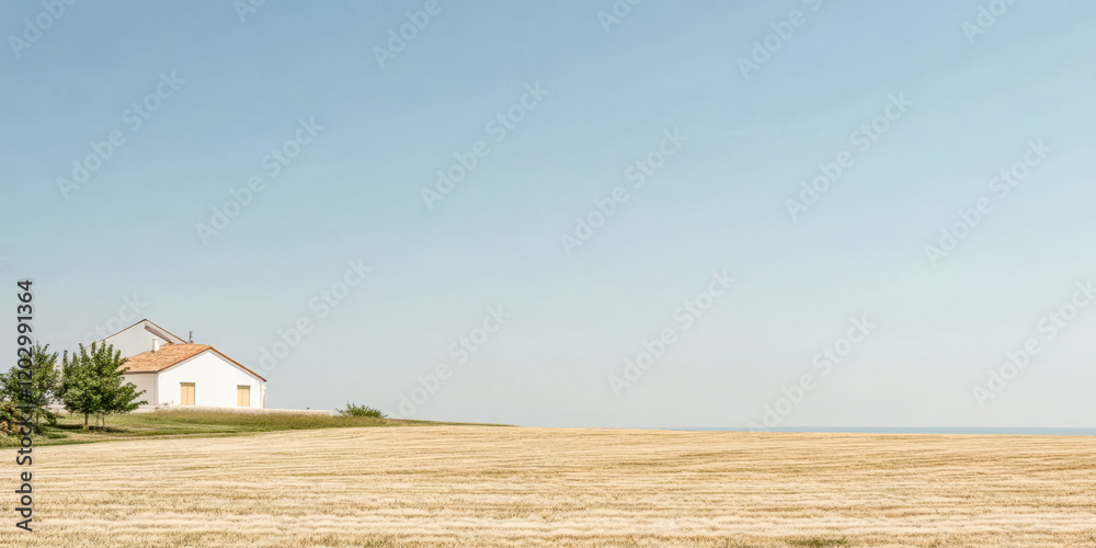 Serene countryside house beside golden fields under a clear sky during daytime Serene countryside house beside golden fields under a clear sky during daytime