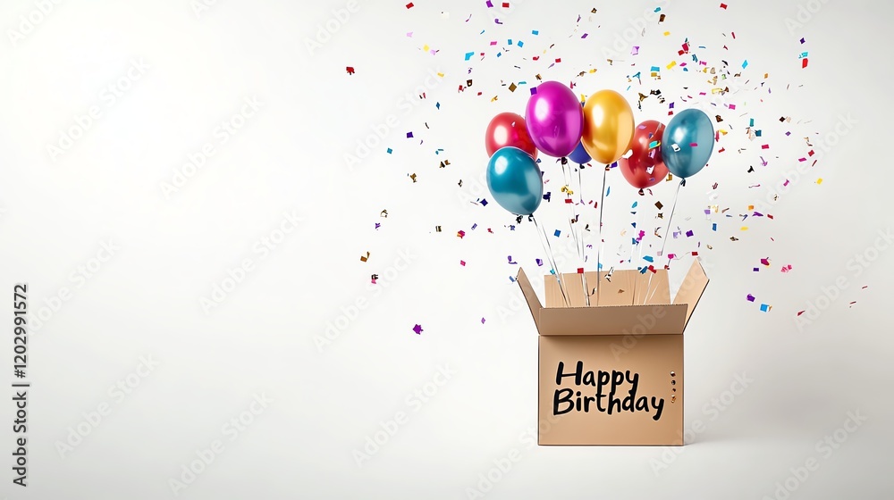 Colorful balloons bursting from a birthday box with confetti, white isolated background. Colorful balloons bursting from a birthday box with confetti, white isolated background.