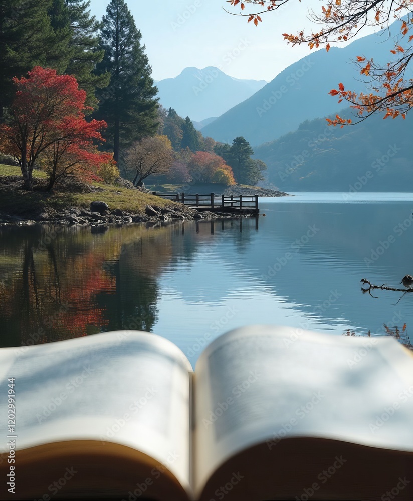 Open book with lake, mountains, and fall foliage.