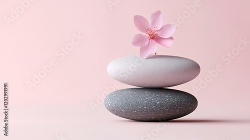 Pink background, zen stones, flower, balance, spa, serenity, wellness, minimal, product display