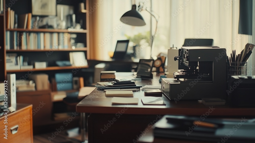 A well organized home office desk with a coffee machine A well organized home office desk with a coffee machine