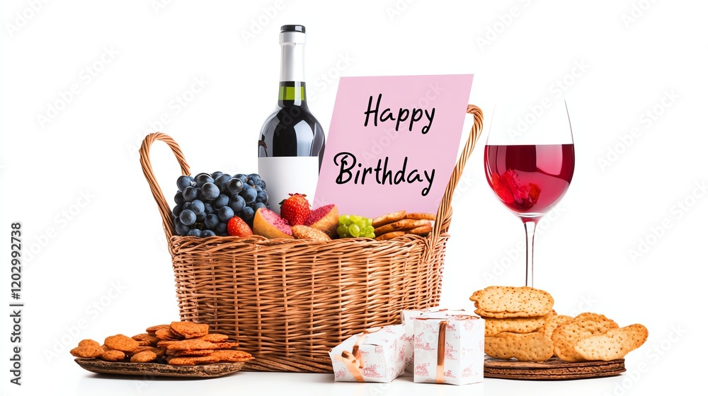 Birthday gift basket with wine, fruits, and assorted treats on a white background. Birthday gift basket with wine, fruits, and assorted treats on a white background.
