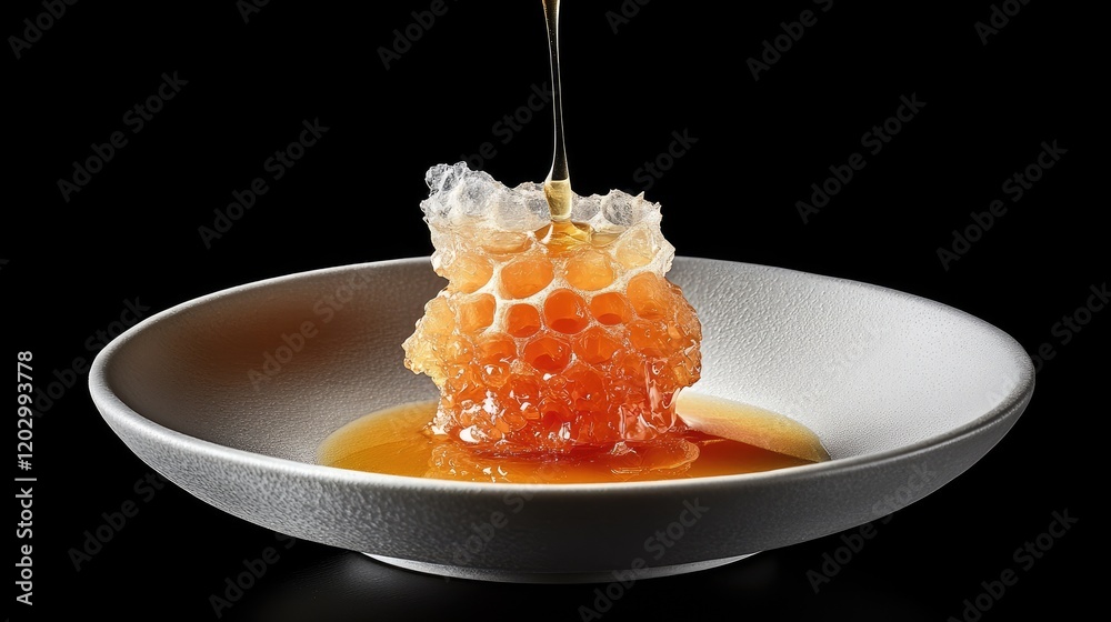 Golden Honey Pours Onto Honeycomb In Bowl Golden Honey Pours Onto Honeycomb In Bowl