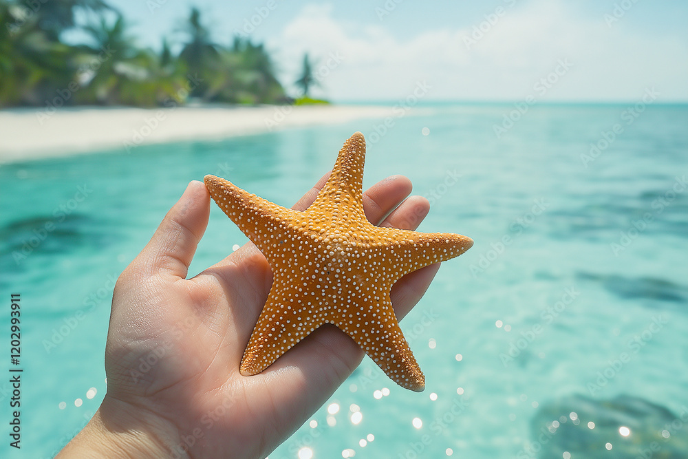 Hand holding orange starfish over turquoise tropical ocean with palm trees and white sand beach in background Hand holding orange starfish over turquoise tropical ocean with palm trees and white sand beach in background