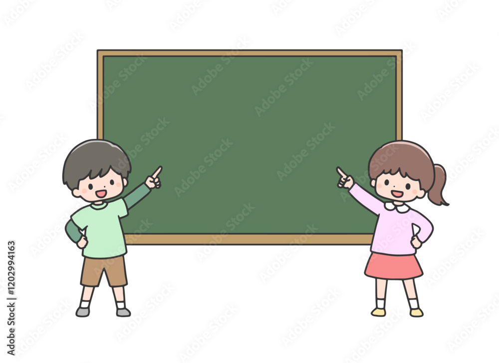 黒板を指差す男の子と女の子 黒板を指差す男の子と女の子