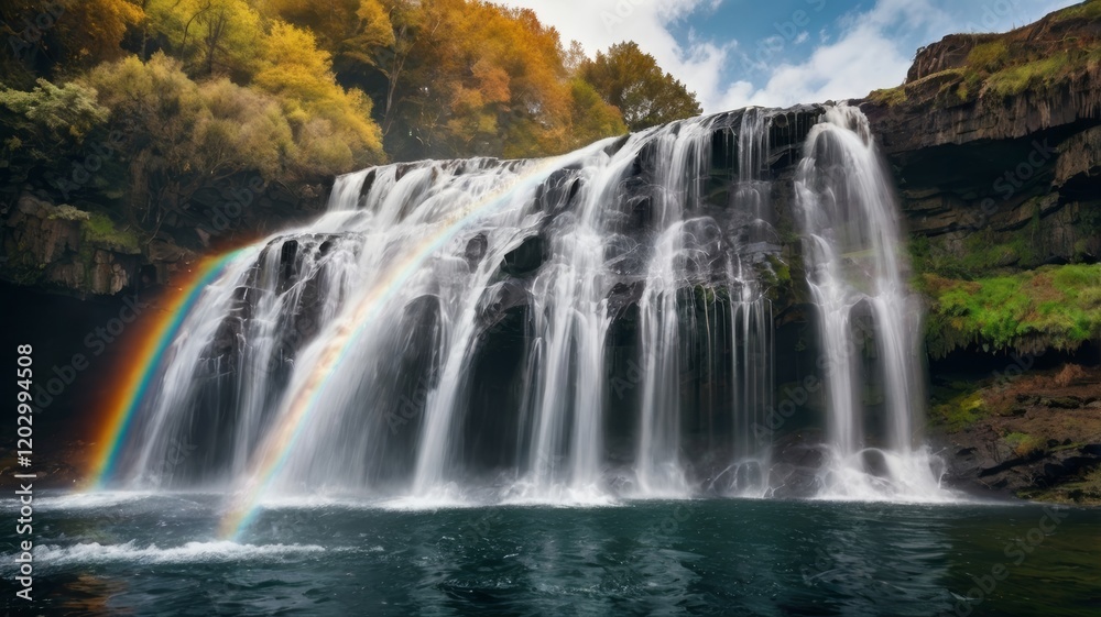 Obraz premium Majestic Waterfall with a Vibrant Rainbow in Autumn Forest Setting