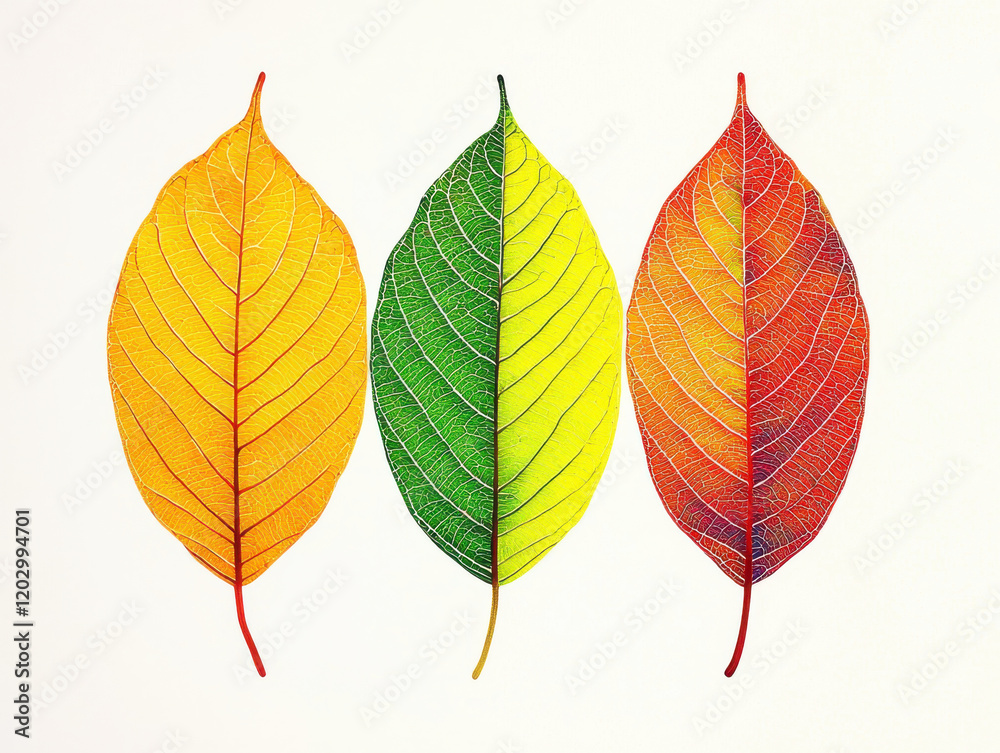 Three vibrant leaves in yellow, green, and red hues, showcasing intricate vein details on white background Three vibrant leaves in yellow, green, and red hues, showcasing intricate vein details on white background