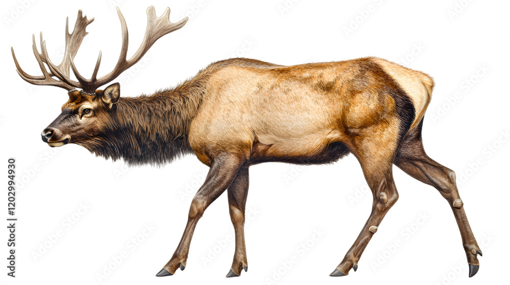 Fototapeta premium A majestic elk with its antlers extended upward, filling 75 percent of the picture with a serene pose on a transparent background 
