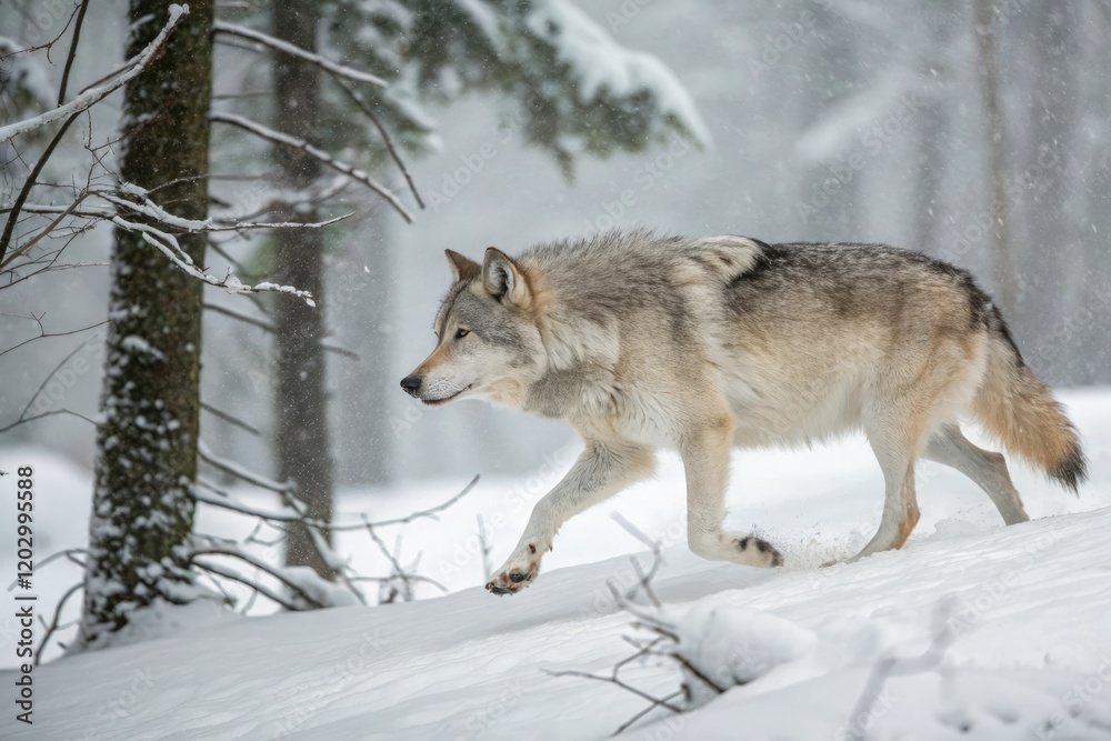 An ethereal wolf's paws barely touch the ground as it glides effortlessly across the snow-covered forest floor, frosty terrain, ghostly steps, snowy landscape, effortless movement An ethereal wolf's paws barely touch the ground as it glides effortlessly across the snow-covered forest floor, frosty terrain, ghostly steps, snowy landscape, effortless movement