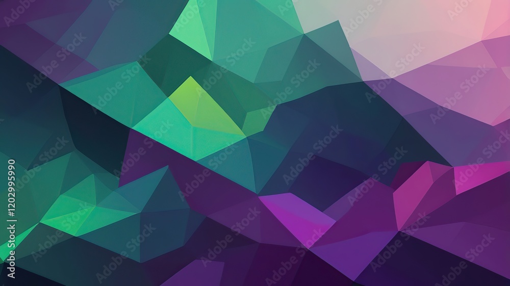 Fototapeta premium Geometric gradient background with layered polygons in vivid purples and greens.