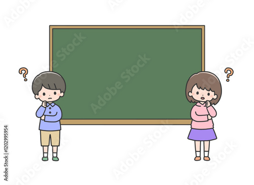 黒板の前で考え事をする男の子と女の子