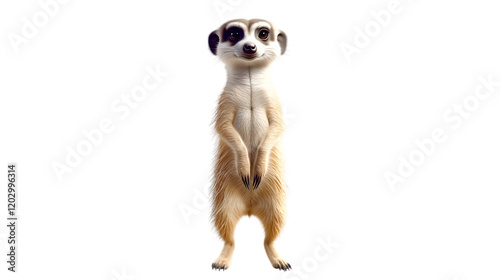 A quirky meerkat standing upright on hind legs, occupying 55 percent of the frame with detailed fur and an inquisitive expression on a transparent background 