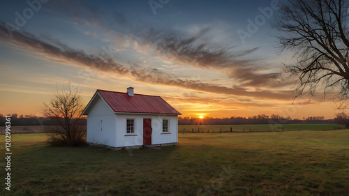  A Fantastic Serene Countryside Sunset with Rustic Houses. photo