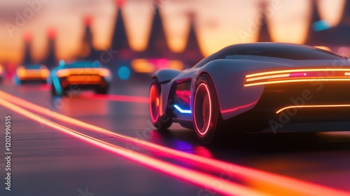 Futuristic Cars Racing Neon Lights Sunset Cityscape photo