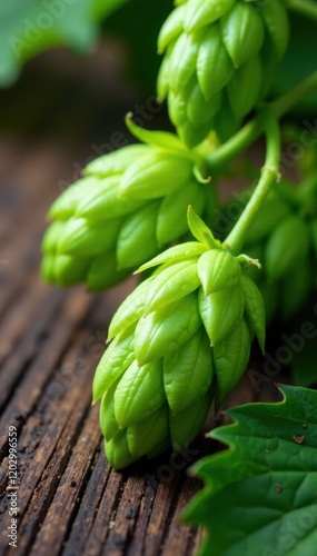 Vibrant green hops, fresh from the bine, rest on aged wood , countryside, wooden