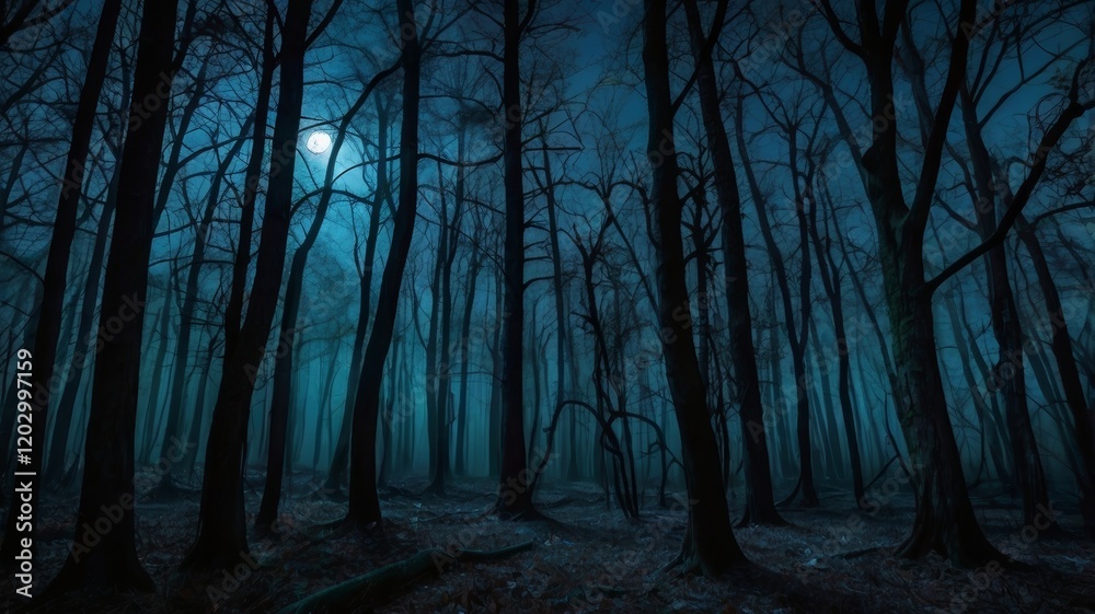 Fototapeta premium Eerie Moonlight Illuminates a Dark Mystical Forest Scene at Night