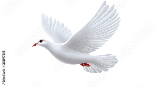 A serene white dove in flight with outstretched wings, occupying 65 percent of the image and symbolizing peace on a transparent background 