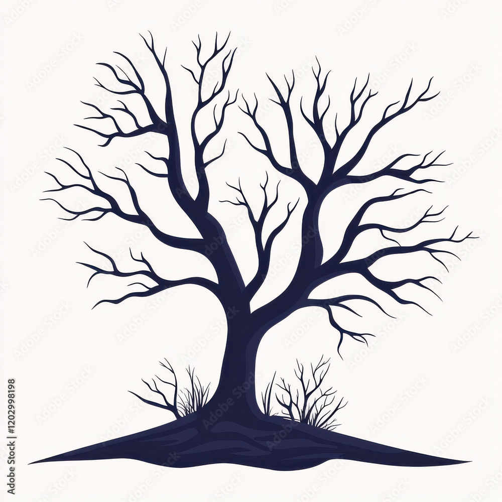 Minimalist illustration of tree silhouette with bare branches on simple white background Minimalist illustration of tree silhouette with bare branches on simple white background
