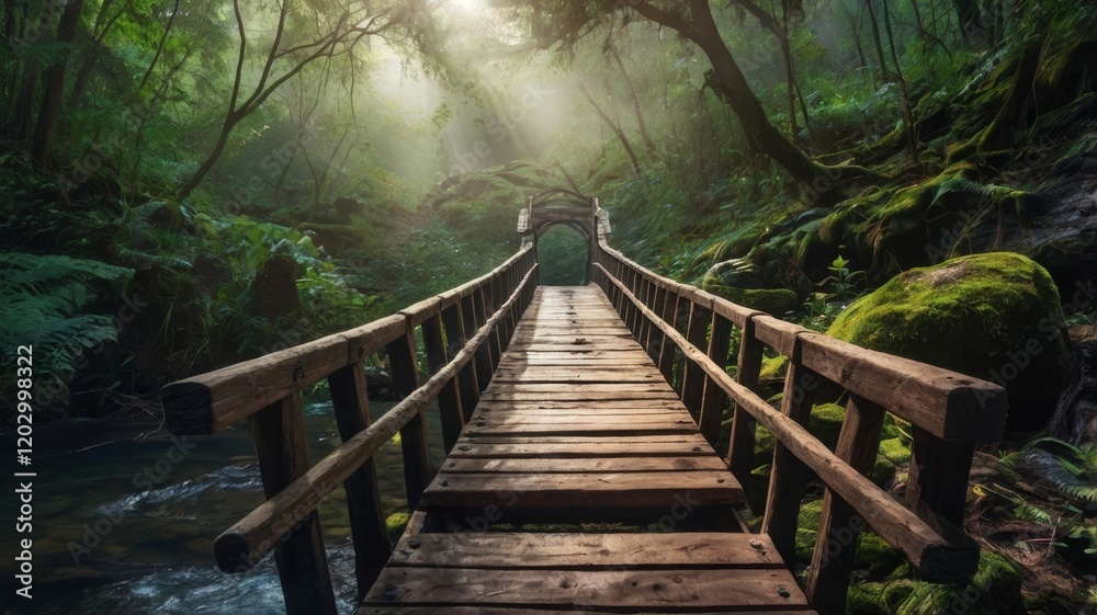 Fototapeta premium Mystical Wooden Bridge through Lush Forest with Sunlight Illuminating the Path