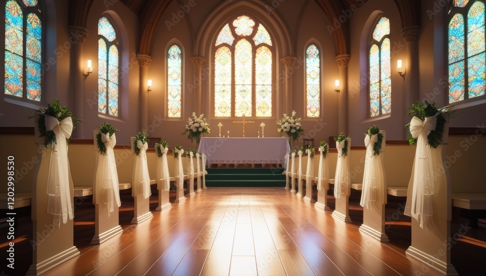 Fototapeta premium Elegant Church Interior Prepared for Wedding Ceremony with Stained Glass