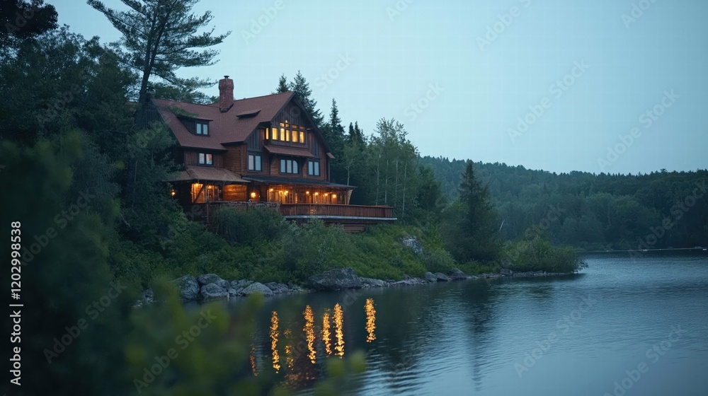 Obraz premium A large house with a lake in the background