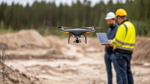 Civil Engineering. Drone flying over construction site with workers monitoring data.
