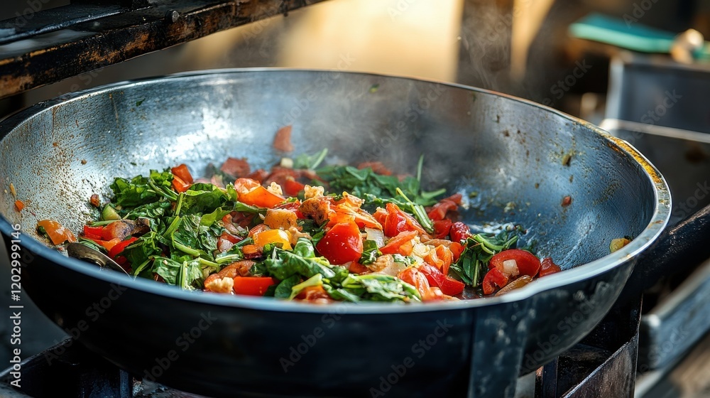 Vibrant stir-fried vegetables in a pan, steaming in a busy kitchen with cooking action Vibrant stir-fried vegetables in a pan, steaming in a busy kitchen with cooking action