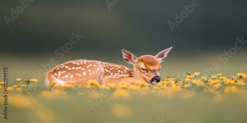 Cinematic Wildlife Aesthetics Key Deer Fawn on Wildflower Carpet - Nature Conservation and Eco-Friendly Summer Event Design for Biodiversity Awareness