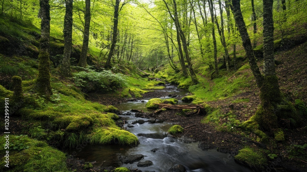 Serene Forest Stream Flowing Through Lush Green Moss Serene Forest Stream Flowing Through Lush Green Moss