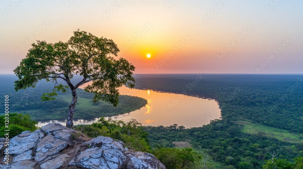 Solitary Tree at Sunset Over River Solitary Tree at Sunset Over River