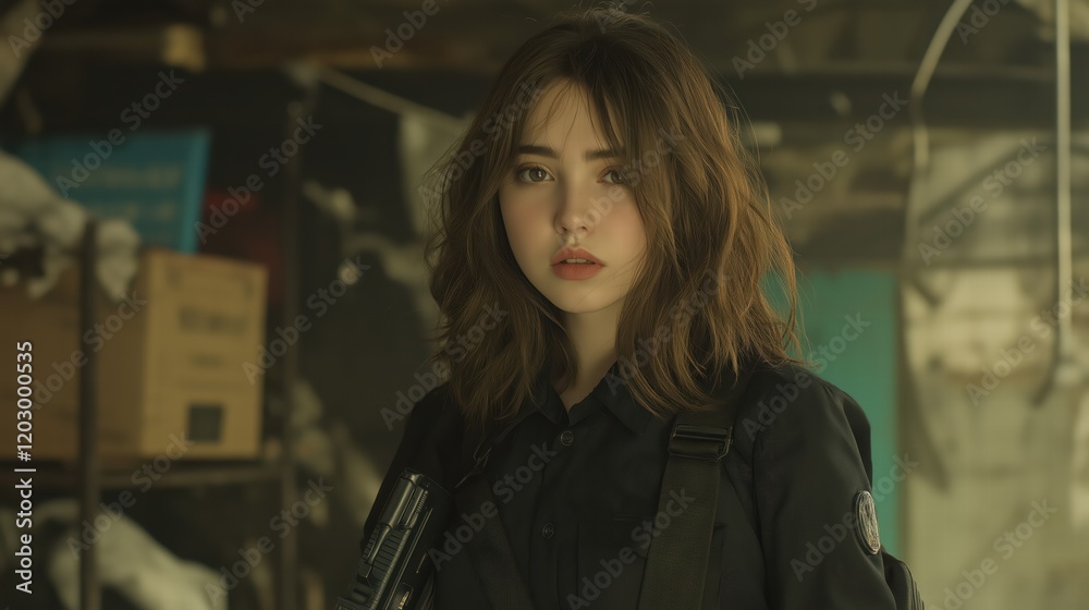 A woman with long brown hair is standing in a dark room A woman with long brown hair is standing in a dark room
