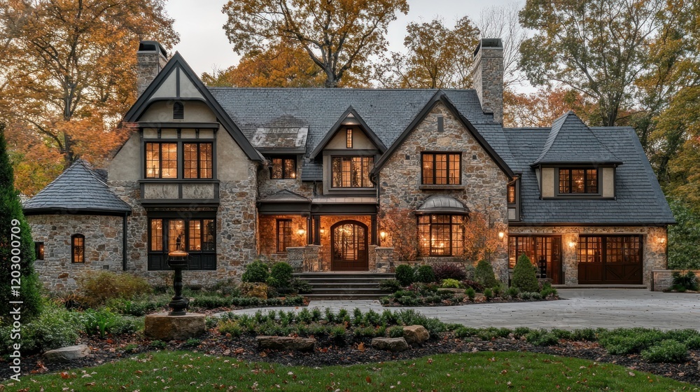 Elegant Stone House Autumn Evening Illumination Elegant Stone House Autumn Evening Illumination
