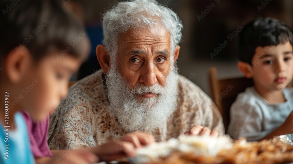 A heartfelt Passover storytime with children gathered around an elder, A heartfelt Passover storytime with children gathered around an elder,