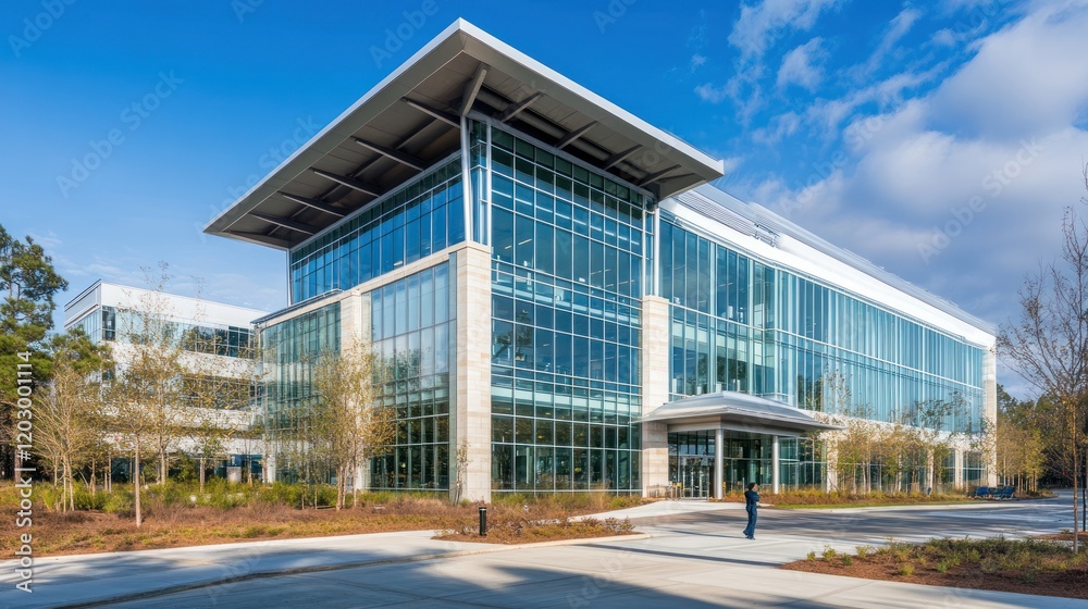 Modern Glass Office Building Sunny Day Landscape Modern Glass Office Building Sunny Day Landscape