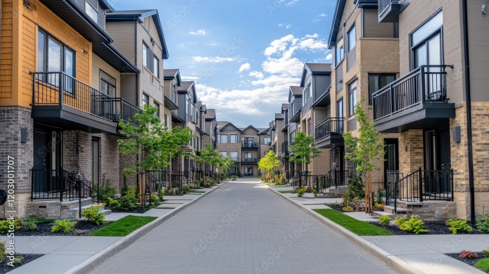 Townhouses line a paved street on a sunny day Townhouses line a paved street on a sunny day