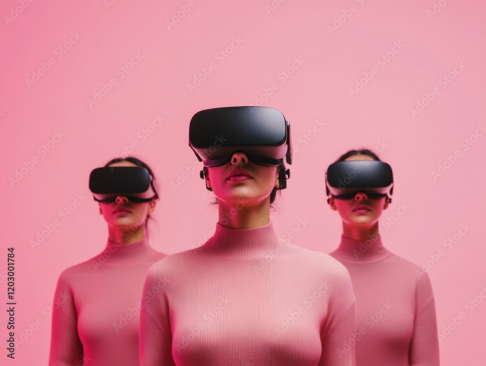Modern Tech Experience Diverse Women in VR Headsets and Pink Textured Space - Immersive Learning and Collaboration in Contemporary Office Design Modern Tech Experience Diverse Women in VR Headsets and Pink Textured Space - Immersive Learning and Collaboration in Contemporary Office Design