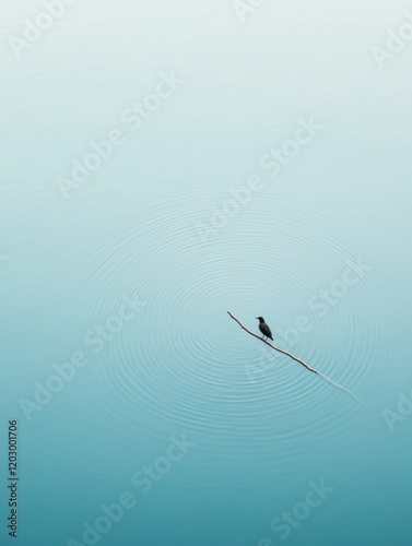 Minimalist Wildlife Bird on Branch Over Serene Rippling Lake - Visual Content and Eco-Friendly Marketing for Nature Conservation Initiatives photo