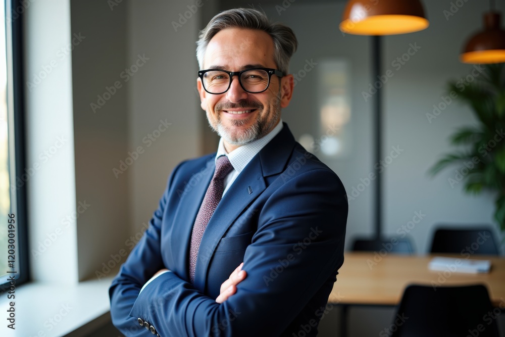 Fototapeta premium Confident Businessman Smiling in Modern Office Setting with Natural Light and Elegant Decor Inspiring Professionalism and Success